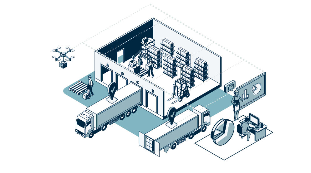 Symbol-Grafik einer vernetzten Logistikhalle mit Lkws, Lagereinheit und zentraler Steuerung durch IT-Systeme für die Logistik