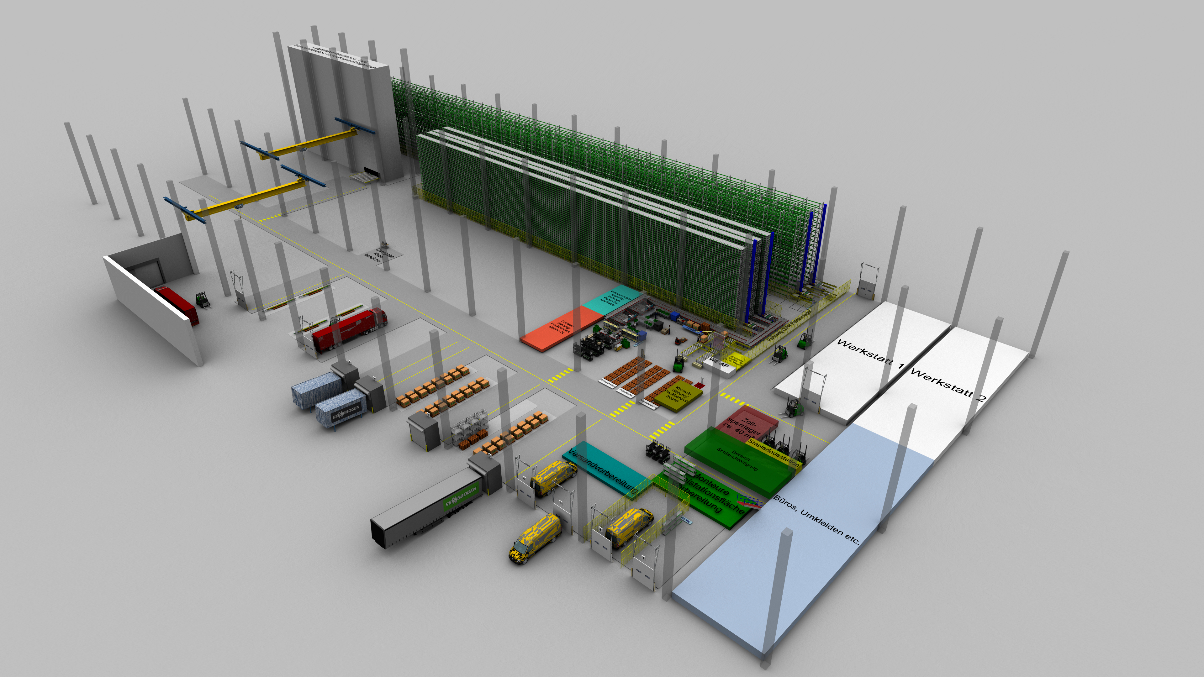 Layoutplanung, Symbolbild einer Industriehalle im Layout-Status